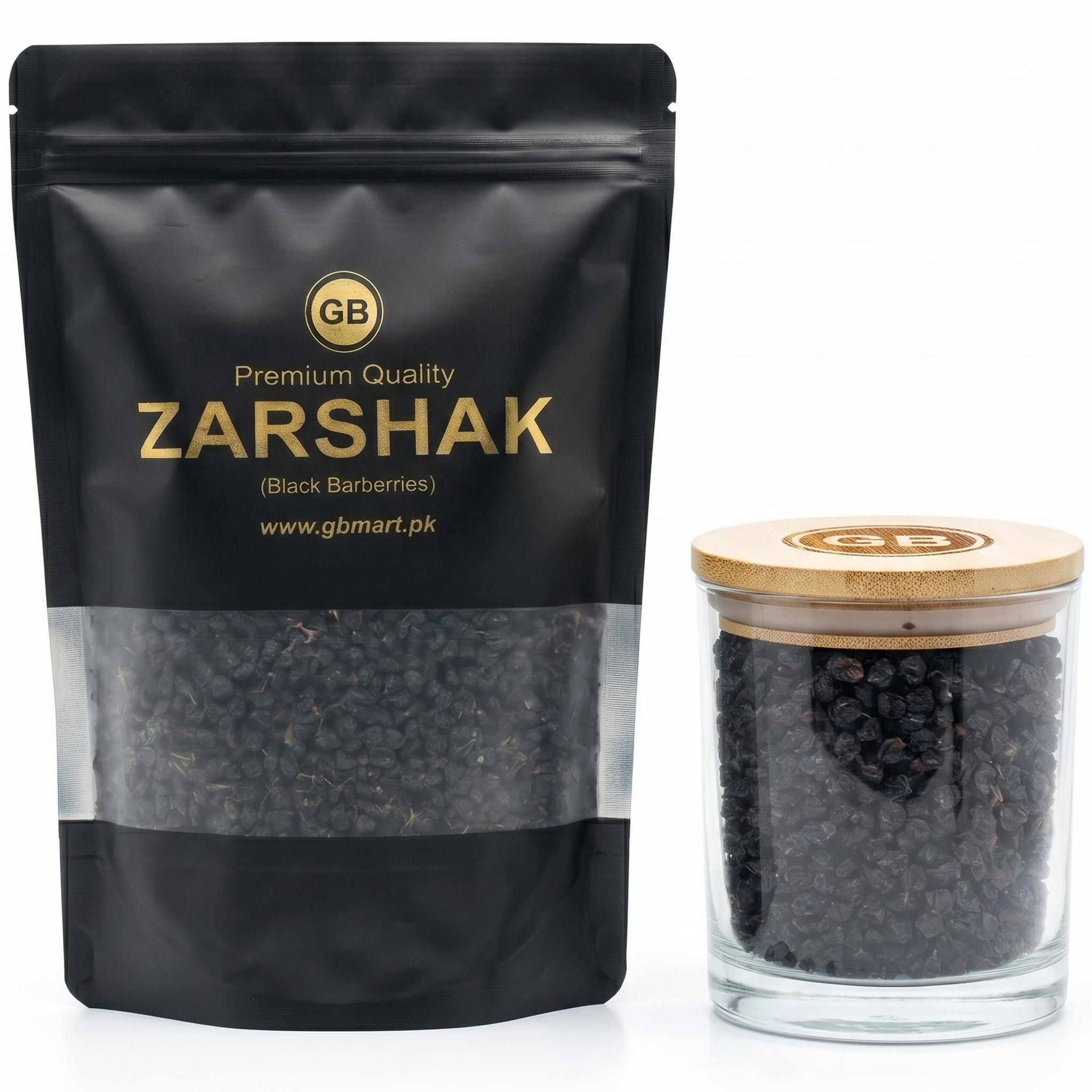 Sun-dried Zarishk Shireen black barberries from GB Mart, showing small, dark, dried berries in a natural setting.