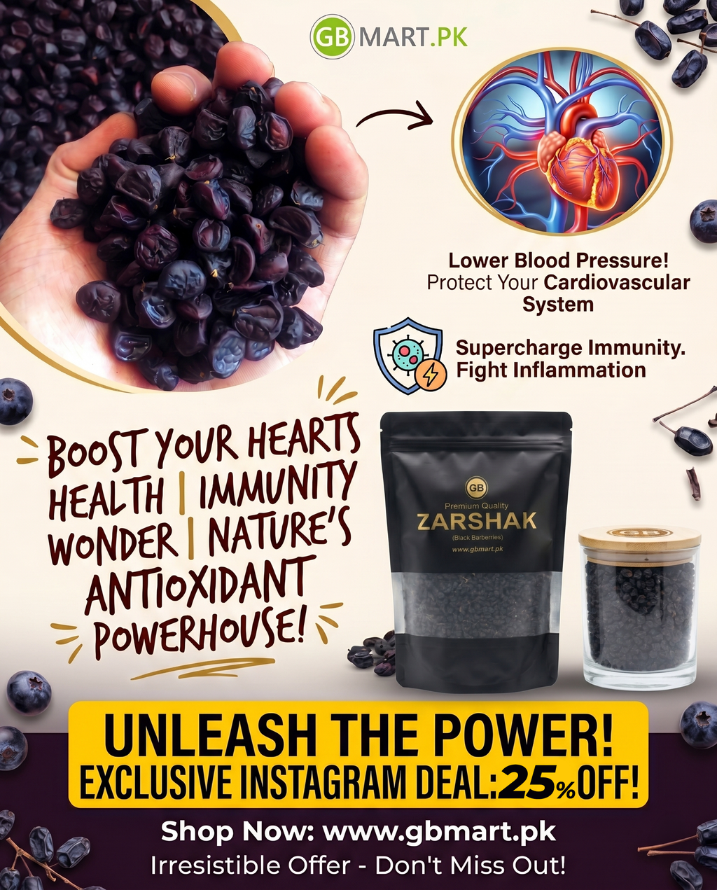 Sun-dried Zarshak Shireen black barberries in a bowl, showcasing vibrant tiny dried berries from GB Mart.