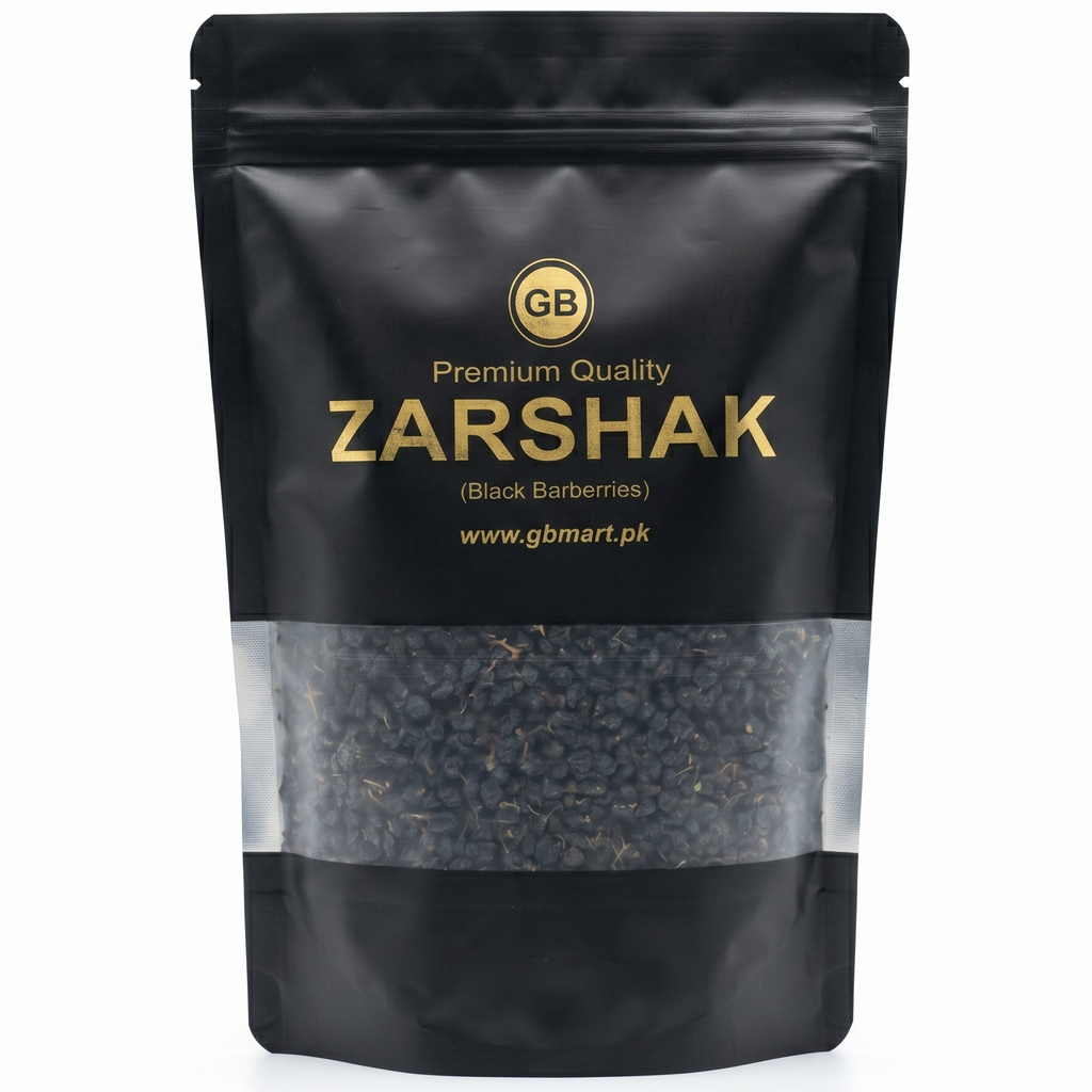 Sun-dried Zarshak Shireen black barberries in a bowl, showcasing vibrant red berries from GB Mart, perfect for culinary use.