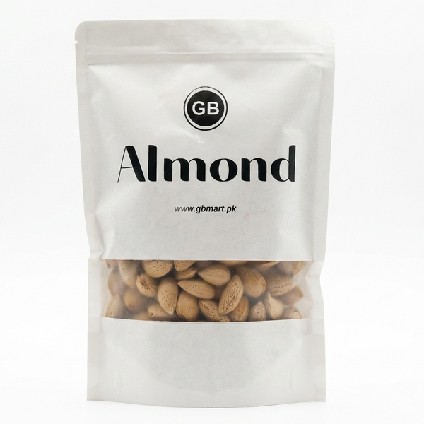 GB Mart almonds Kagzi Badam in shells, displaying whole, raw almonds with textured, natural shells on a neutral surface.