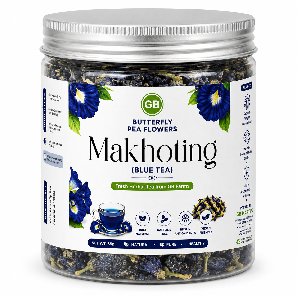 Makhoting Blue Tea butterfly pea flowers 35g jar by GB Mart